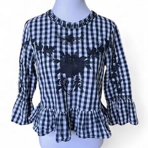 Gingham peplum blouse with black floral embroidery ruffle hem cottagecore